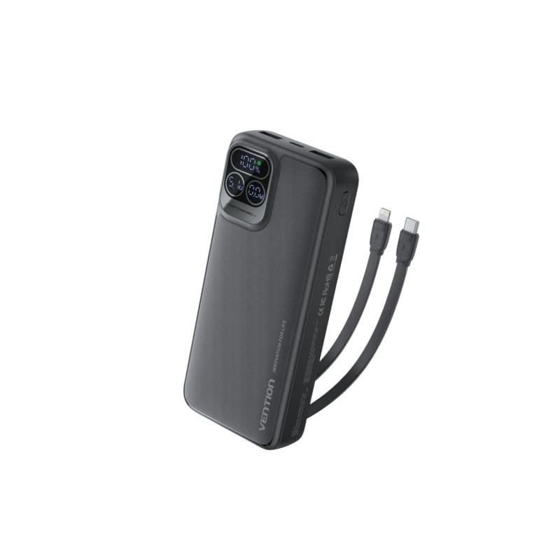 VENTION I15BB-V2  20000mAh 22.5W Power Bank with Built-in USB-C & Lightning Cables – Black