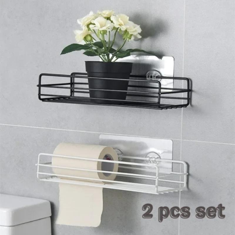 Iron Frame Punch Free Storage Organizer Shelf Shower Free Mounted Caddy Rack (2pcs Set)