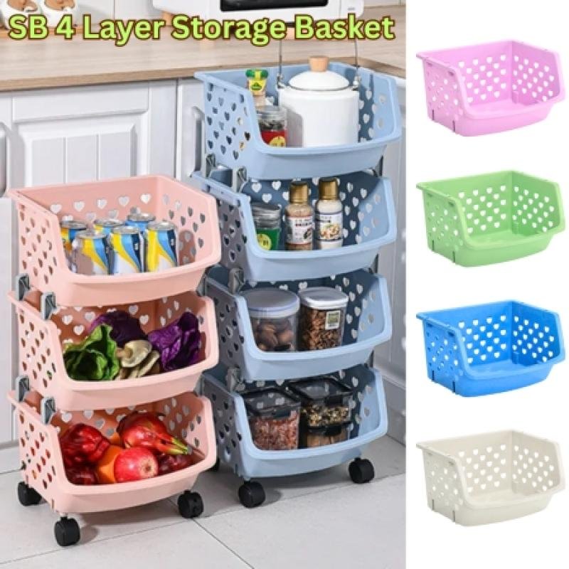 SB Storage Basket Multifunctional, 4 Layer High Capacity, Durable ,Stackable, Hollow-Out Household Storage Rack (KD073)