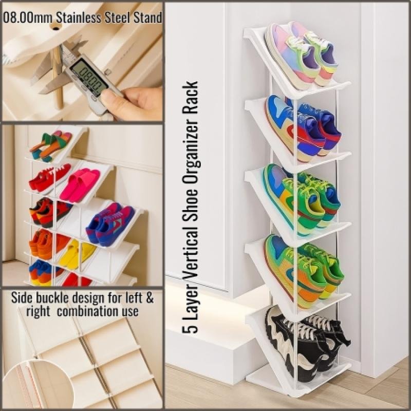 5 Layer Vertical Shoe Rack Space Saving Cabinet With Strong Load Bearing Stainless Steel Stand ( HL034 )