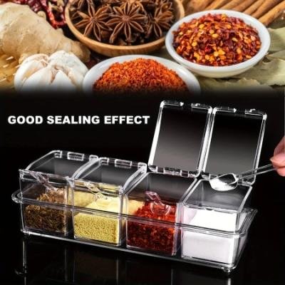 4 Grids Kitchen Transparent Seasoning Box Used For Salt Sugar And Pepper Clear Acrylic Seasoning Box with Cover and Spoon