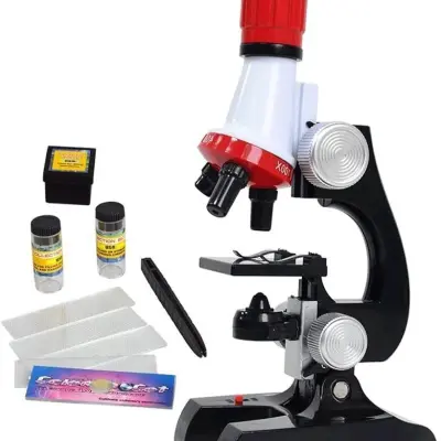 Kids Beginner Science Microscope Kit LED 100X, 400x, and 1200x Magnification – Black & Red Color