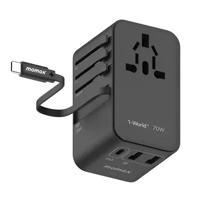 Momax 1-World+ 70W GaN 3 Port + AC Travel Adapter with USB-C Cable